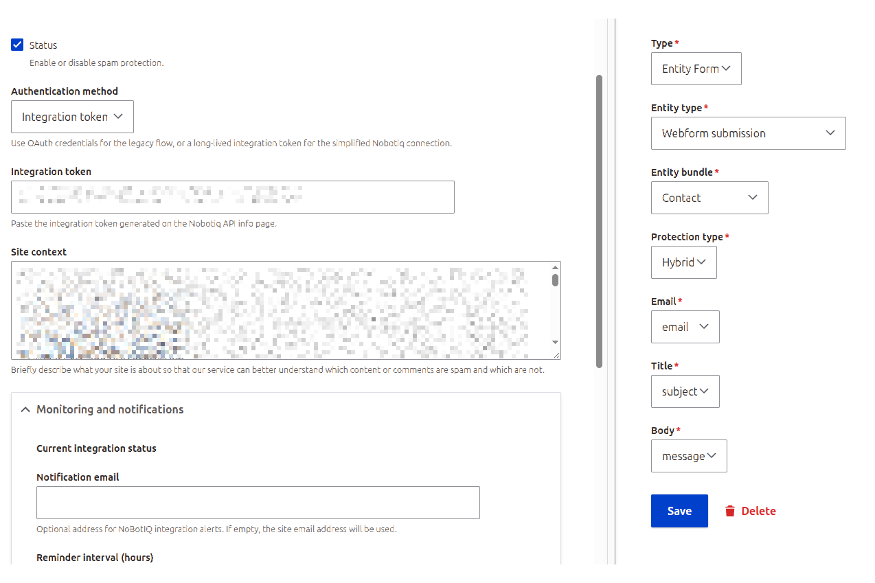 NoBotIQ configuration form in Drupal admin